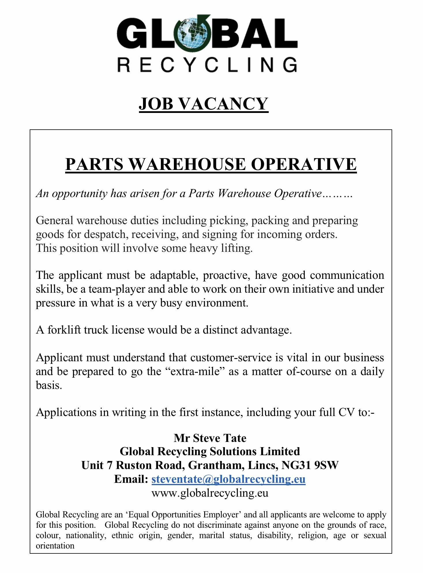 JOB VACANCY – Parts Warehouse Operative